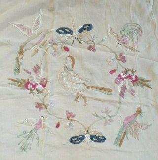 Exquisite Large Piece Of Antique Possibly Georgian Hand Embroidery On Silk Birds