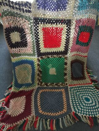 Vintage Grandma Crochet Square Handmade Knitted Blanket With Fringes 56 X 78 "