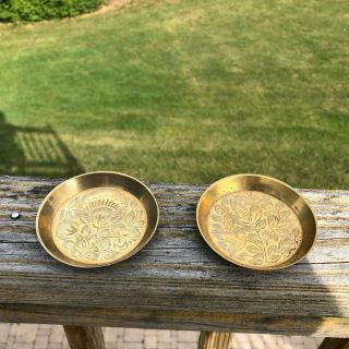 Vintage Brass Trinket Jewelry Tray Coaster Floral Design From India,  Set Of 2