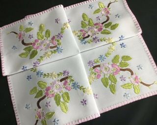 Gorgeous Vintage Hand Embroidered Tray Cloth Cherry Blossoms & Daisies Chains