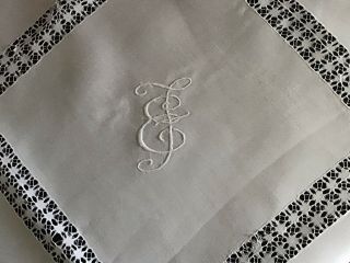 Lovely Antique Irish Linen Tablecloth Drawn Thread Work/whitework Monogram