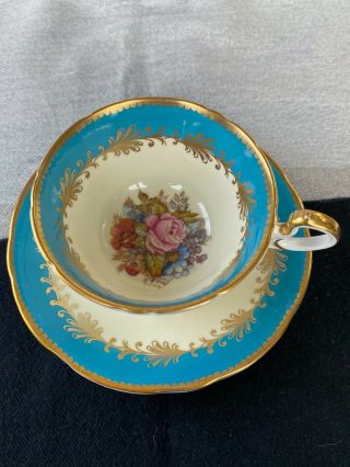 Vintage Aynsley Turquoise Blue Teacup & Saucer Cabbage Rose Signed J A Bailey
