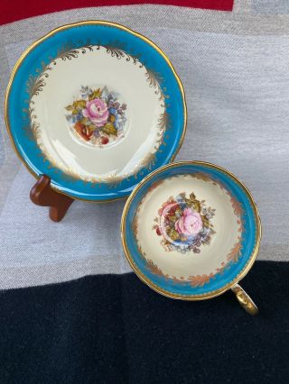 VINTAGE AYNSLEY TURQUOISE BLUE TEACUP & SAUCER CABBAGE ROSE SIGNED J A BAILEY 2