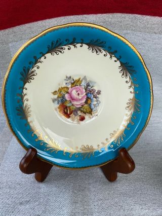 VINTAGE AYNSLEY TURQUOISE BLUE TEACUP & SAUCER CABBAGE ROSE SIGNED J A BAILEY 3