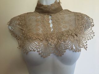 Vintage High Neck Collar Crochet Lace Floral Sepia