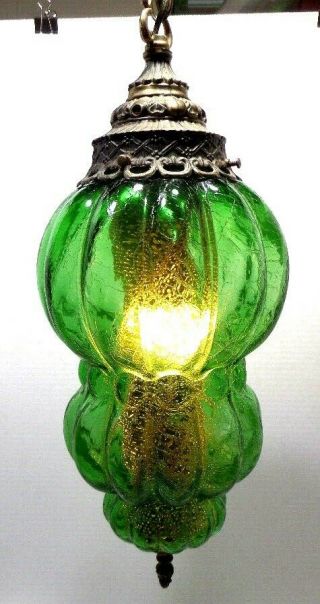 Green Glass Vintage Mcm Hanging Swag Lamp Light W/ Diffuser