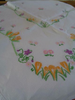 Large Vintage Linen Tablecloth,  Charming Bands Hand Embroidered Spring Flowers