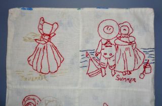 Vintage Sunbonnet Sue & Sam Embroidered Doll Quilt Red Work Toy Bed Cover Aafa
