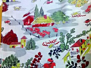 Vintage mid century barkcloth fabric curtains drapery panels French village 3
