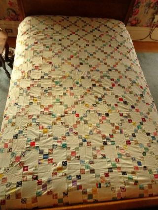 Antique Vintage Postage Stamp Quilt Top 68x80 Hand Stitched Feed Sack Fabric