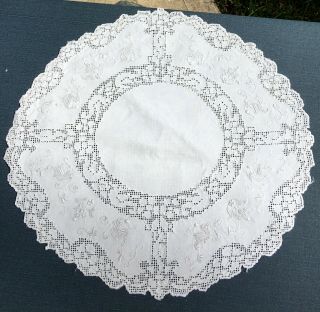 Unusual Figural Antique Handmade Embroidered Lace Drawnwork Doily