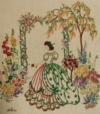 Vintage Hand Embroidered Crinoline Lady Floral Rose Arch Panel Laburnum Tree