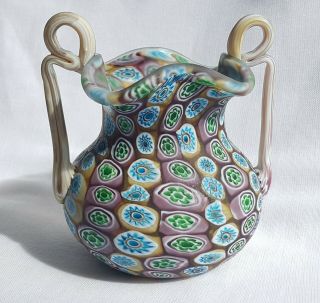 Vintage Murano Millefiori Glass Vase Loop Handles - Hand Blown Italian Art Glass