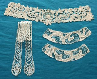 Bundle Antique Hand Made Lace - Collar,  Cuffs And Tie