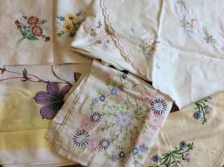 6 Vintage Table Cloths /linens Hand Embroidered Printed And Machine