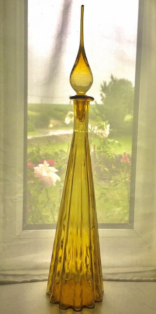 Large Yellow Amber Fluted Vintage Mcm Italian Empoli Genie Bottle Decanter Glass