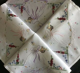 Vintage Linen Hand Embroidered Tablecloth Crinoline Ladies/florals