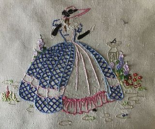 Vintage Linen Hand Embroidered Cushion Cover Crinoline Lady