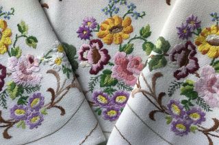Gorgeous Vintage Hand Embroidered Sofa & 2 Chair Back Covers Floral Displays