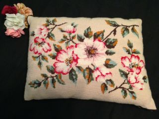 Vintage Hand Embroidered Country House Tapestry Cushion Wild Roses