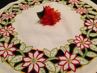 Vintage Hand Embroidered Tablecloth Round With Stunning Flowers & Cut Work