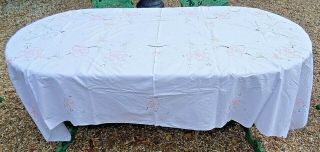 Large Vintage Hand Embroidered & Drawn Fabric Tablecloth 259cm X 166cm