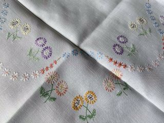 Lovely Vintage Floral Hand Embroidered White Irish Linen Small Square Tablecloth