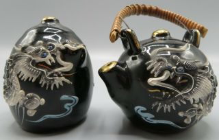 Vintage Moriage Ceramic Dragon Ware Art Teapot Kettle Salt & Pepper Shaker Set