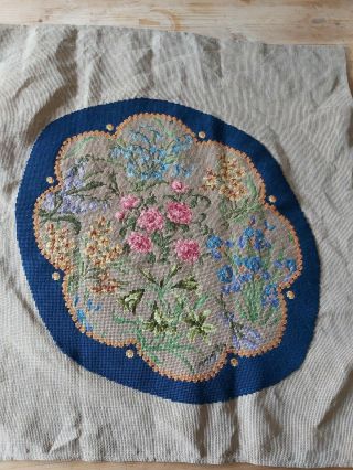 Old Wool Work Tapestry Panel Country Cottage Flowers Roses Iris Bluebell.
