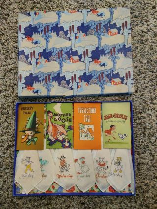 Vintage Kids Day Of The Week Handkerchief With Books And Boxed