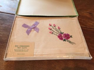 & Vintage Boxed Irish Embroidered Linen Tray Cloth 14 " X 20 "