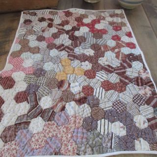 Early Antique C1860 - 1870 Hexagon Doll Or Table Quilt 19x15 Prim Farmhouse