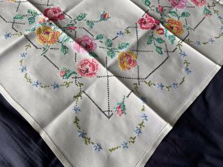 Vintage Floral Cross Stitch Hand Embroidered White Linen Small Tablecloth