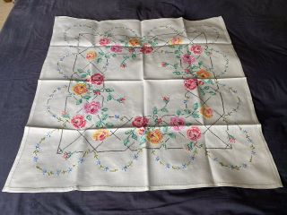Vintage Floral Cross Stitch Hand Embroidered White Linen Small Tablecloth 2