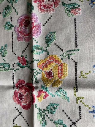 Vintage Floral Cross Stitch Hand Embroidered White Linen Small Tablecloth 3