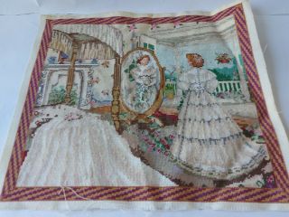 Vintage Crinoline Lady Tapestry In Bedroom Looking In A Mirror 41cm By 36cm