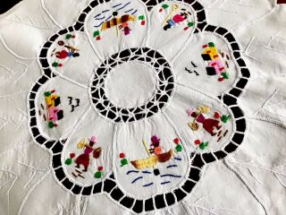 Vintage Hand Embroidered Off White Cotton Figures Circular Table Centre Cloth