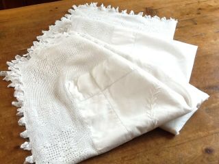 Antique Vintage White Linen And Lace Table Cloth White Embroidered Flowers