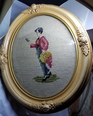Antique Needlepoint Picture Wood Carved Frame A Boy Figure Scene 12x10