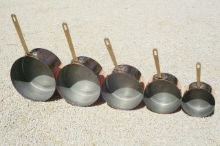 Vintage French Copper Saucepan Set 5 Stamped Tin Lined With Bronze Handles 6.  4lb