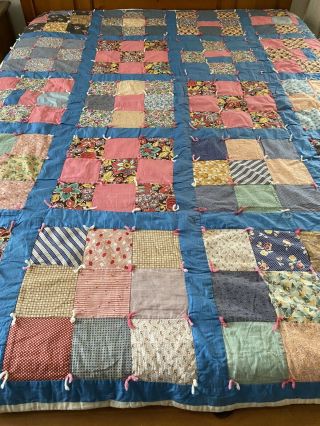 Vintage Handmade Feed Sack 9 Patch Quilt 69 " X 83 " Twin Hand Tied 95