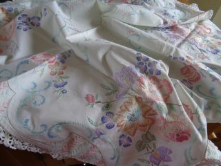 An Exquisite Vintage Hand Embroidered Summer Flowers Tablecloth With Cotton Lace