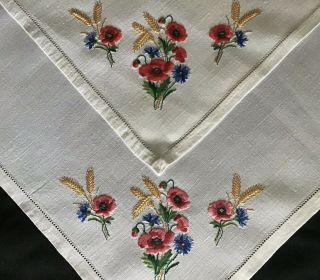 Pair Vintage Irish Linen Hand Embroidered Tray Cloths Poppies/cornflowers/corn