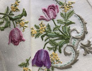 Gorgeous Vintage Linen Hand Embroidered Tray Cloth Tulips & Mimosa Blossom.