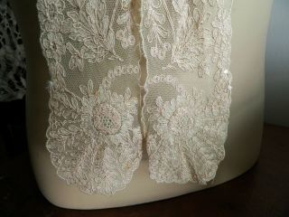 Antique Hand Embroidered Net Lace Victorian Lappet Sash Needle Run 50 " X 2 3/4 "