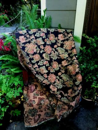Pretty Tapestry Fabric Remnant 58x59 Inches Black Floral