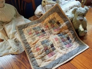 Antique Doll Crib Quilt Small Postage Stamps Indigo Blue Multi Gingham 18 " X 18 "