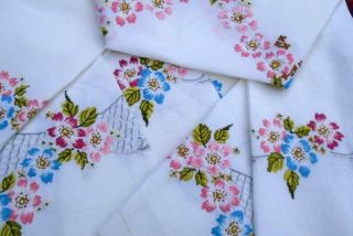 Vintage Hand Embroidered Linen Tablecloth Colourful Florals