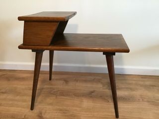 Mid - Century Modern Vintage Dark Wood Solid Oak Tier End Table/ Gossip Bench/ Tel