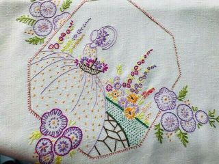 Stunning Crinoline Lady Vintage Hand Embroidered Linen Tablecloth With Flowers
